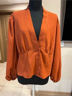 SHEIN Rust Orange V-Neck Button Front Blouse